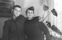 Petr (right) with his brother on his first outing while serving mandatory military service, 1966 