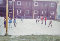 Children playing ball games near Fim Motel, Považská Bystrica, 1989–1991