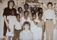 Children with a matron in church in Považská Bystrica