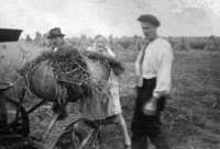 Děda pamětníka Alois Hlubek (v klobouku) na poli