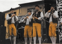 The Mrákov bagpipe band was founded by Jiří's brother, Václav Kupilík (far left)