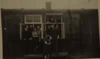 Emilie Vančurová with her friends in front of the work camp, Holýšov 1943