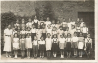 První třída židovské školy s paní učitelkou Grossovou, Lydia čtvrtá zprava v poslední řadě. Pouze sedm dětí z fotografie přežije válku. Ostrava, 1936