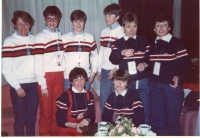 Before the prize giving ceremony for the relay race at the 1984 Sarajevo Olympics. The winning Norwegians are on the left; below, left to right: Květa Jeriová, Dagmar Švubová; above, Blanka Paulů and Gabriela Soukalová-Svobodová


