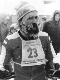 Witness's husband Jaroslav Svoboda at the finish line of the 13th edition of the Jizerská 50 race, 1980