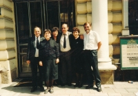 Marie (2nd from left) with her siblings on the day of their father's funeral in front of Adalbertinum in Hradec Králové, 1998