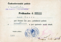 Karel Šanda's certificate that he is a member of the Czechoslovak riot police in Litoměřice