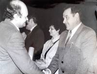 Josef Jonáš receiving the award for the organisation of the Socialist Labour Brigade, 1980s
