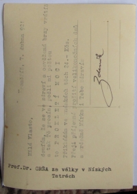 Profesor Grňa za války v Nízkých Tatrách, velikonoční přání z Kroměřížě rub