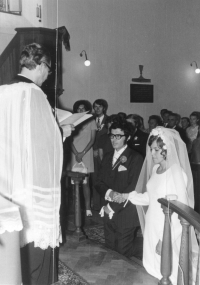 Wedding of Ján Juráš and Mária Bohúnová, Podlužany, 1973, priest Jozef Juráš
