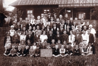 Bronislava Nyklova's father with his classmates and teachers at the Polish school in Nýdek, 1927