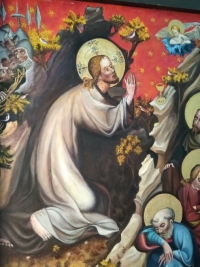Výřez z obrazu Ladislava Čáslavského namalovaného podle slavného obrazu s názvem Kristus na Olivetské hoře od Mistra Třeboňského oltáře