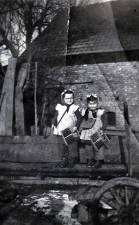 Monika Ruská with her younger sister Brigita / family farm in Bolatice /around 1950