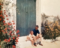 Agathe and her dad in front of a wine cellar in Portugal. Summer 1966