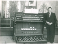 Father Josef Klíma at his organ in the church of St. Lawrence in Vysoké Mýto, 1950s
