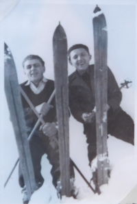 Alois Matěj with a friend on skis in March 1952
