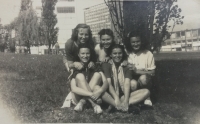 Emilie Pytelová -first from the right during Spartakiad training, Zlín, 17 years old, 1948 

