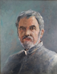 Doc. PhDr. Ing. Miloš Raban, ThD., na obrazu akademického malíře Juraje Oravce, který visí na chodbě hejnického kláštera