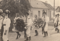 František Rejman (indicated with a cross) in a procession to mark the death of Klement Gottwald, Blatnička, 1953