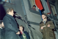 Her husband Pavel Mertlík (on the right) and President Václav Havel during his visit to Jaroměř in January 1990
