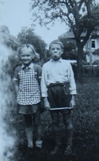 Eliane with a friend in Goumoens la Ville, Switzerland, September 1945