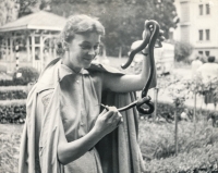 Ludmila Ordnungová na mistrovství světa 1957 v Brazílii na návštěvě na hadí farmě