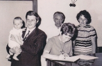Hubert Bystřičan with his son Petr, his wife Marie is on his right, 1974
