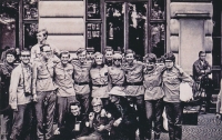 Students after returning from Kazakhstan, 1967 (Jan Palach is the first one from the left sitting, H. Bystřičan is the third one from the left standing above Palach)

