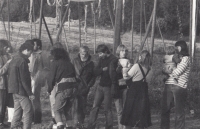 Marie Klimešová (right, with son), symposium in the hop field in Mutějovice, 1983