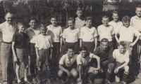 JIří Čechák (second from the right in the lower row) with his footballer friends, turn of the 1940s and 1950s