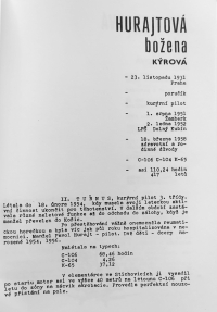 A brief CV of Božena Hurajtová, from the book Ladies in Blue, about female pilots in the Czechoslovak air force, by Miroslav Moráček, 1953