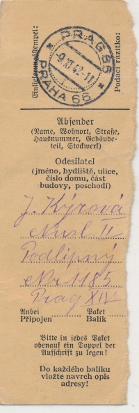 Potvrzení o odeslání zásilky Jarmily Kýrové z 9. listopadu 1942