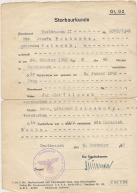 Oznámení o úmrtí Josefy Bautzové v Mauthausenu 24. října 1942 v 8 hodin a 46 minut