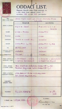 Oddací list rodičů pamětnice, 1930