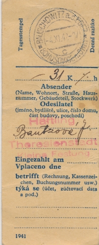 Potvrzení o odeslání zásilky Josefy Bautzové z vězení gestapa v Malé Pevnosti v Terezíně ze 4. listopadu 1942, v té době již nežila, ale maminka pamětnice o tom nevěděla