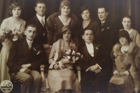 The wedding of the stepson of Aunt Hrabětová (top row, centre, sister of the deceased mum of the witness), far left, top row: Blažena Huláková (witness' mum's sister from the first marriage of her father, Jaroslav Valášek), far left, bottom row, Josefa Bautzová (witness' mum's other sister from the first marriage of her father, Jaroslav Valášek), above her, witness' mum, Jaroslava Kýrová, née Valášková