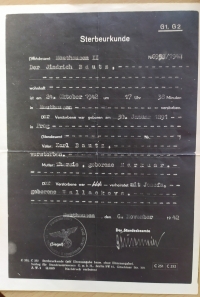 Death announcement of Jindřich Bautz, who was shot in Mauthausen on the 24 October 1942 at 17:38
