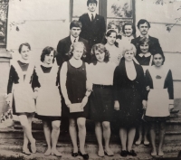 High school graduates in front of the school; Natalia is second from left in the bottom row; Seryshevo, Russia, 1972
