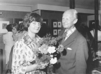 Alena Laufrová with her father at her first exhibition, Vodičkova street in Prague