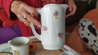 The witness is showing a hand-painted teapot from Hejnice 
