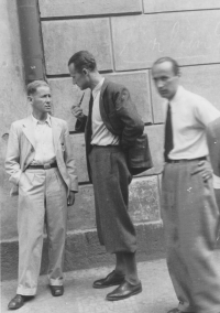Josef Laufer (center) as an employee of the repatriation commission in Terezín, 1945
