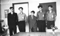 Secondary school-leaving examins at the Higher School of Economics in Mladá Boleslav, Jiří Král is first from left in civilian clothes, provocatively not wearing the Czechoslovak Youth Association uniform, 1953
