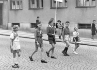 The Week of Children's Joy in Mladá Boleslav, Jiří Král, as part of the Sokol movement, is second from the right, 1946
