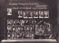 Graduation tableau of Štefan Králik's class, 1958. The author of the tableau is his wife Eva, the technique is painting on glass.