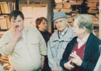 Michal Ženíšek with Vladimír Čermák and Václav Havel in his bookstore in Květinářská Street in 1992