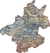 Mapa Horního Rakouska (Oberdonau) se začleněným českým pohraničím v letech 1938 až 1945, kdy bylo součástí Německé říše pod názvem Reichsgau Oberdonau