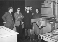 Miloslav Šimek second from the right during the introduction of new technology, Grafická společnost Gottwaldov, 1975