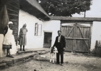 In the yard of the Dušek family house. In the photo: father František with a calf, grandmother and mother Antonie