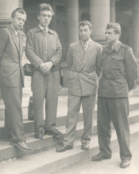 Adolf Socher with his scout friends (from the left Štěpán Křeček – Jestřáb, Zbyněk Kocián –Žirafa, Adolf Socher, Miroslav Pergler – Dany), 1955
