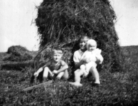 Jarmila Sikorová with her siblings wirking with hay / Hrčava / probably early 60s